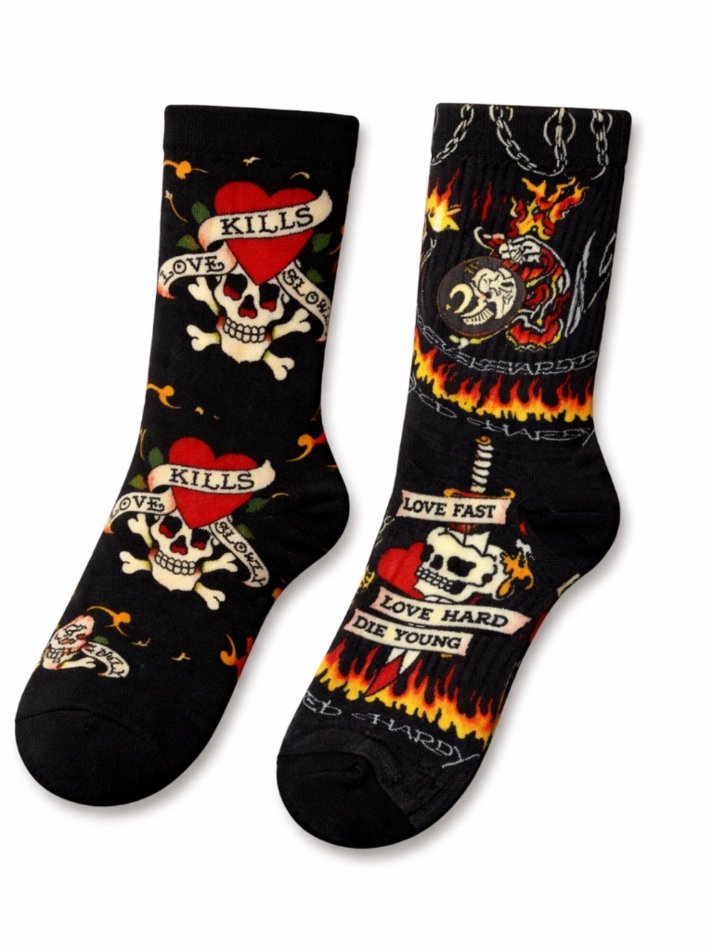 Ed Hardy Skull Heart Dagger Crew Socks 2 Pair Set Gray  Black Tattoo M/ L Mens
